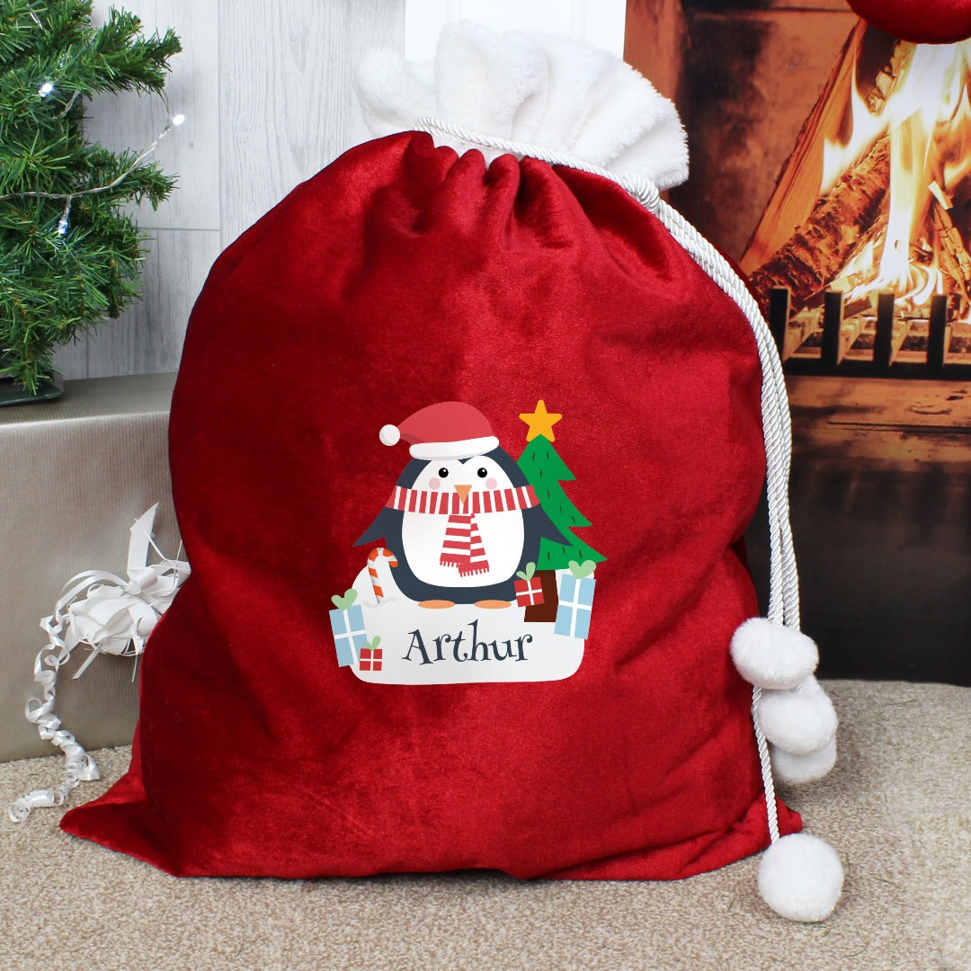 Penguin Personalised Luxury Pom Pom Red Sack