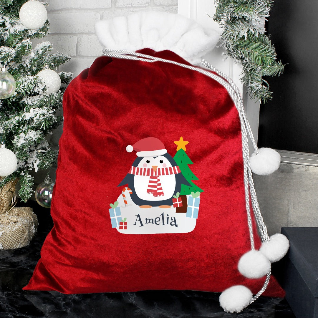 Penguin Personalised Luxury Pom Pom Red Sack