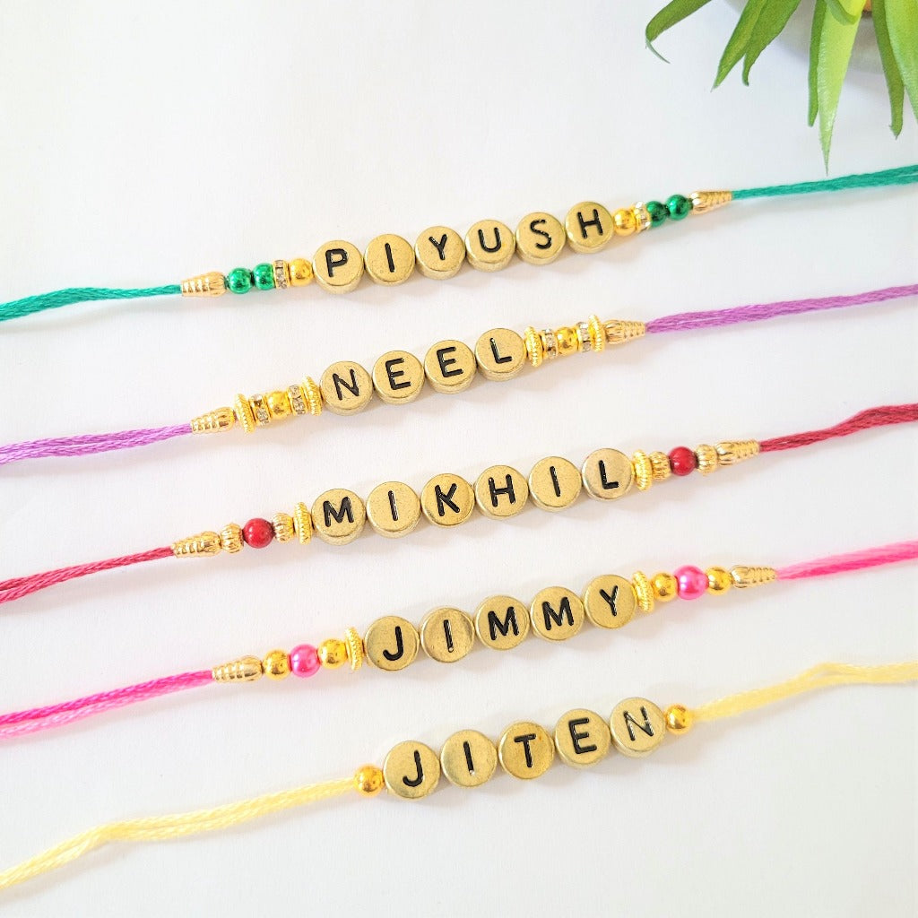 Personalised Rakhi/Rakhri, Raksha Bandhan Gold Letter Beads 2023