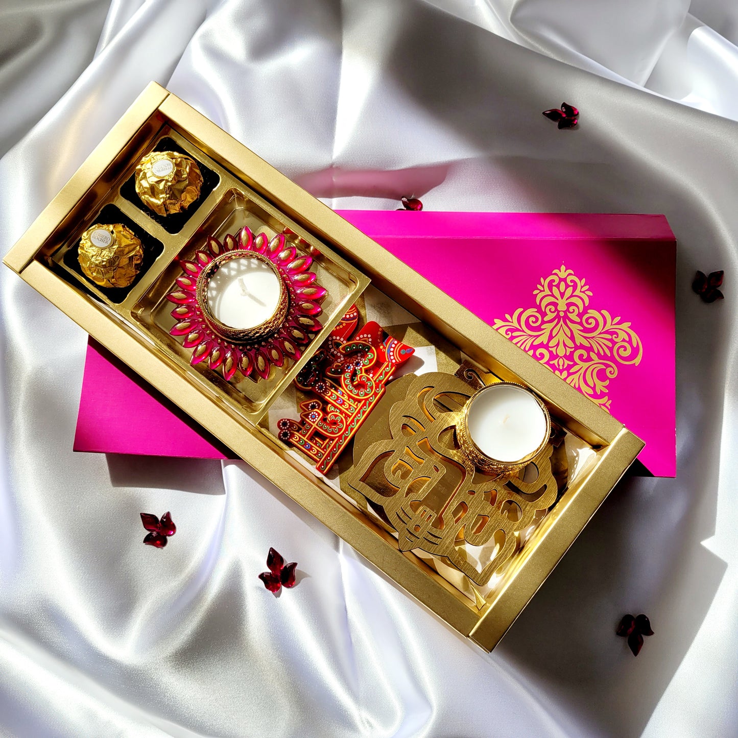 Diwali Hamper with Chocolates Fancy Decoration Diya Shubh Labh Symbols And Ganesh Shadow Diya