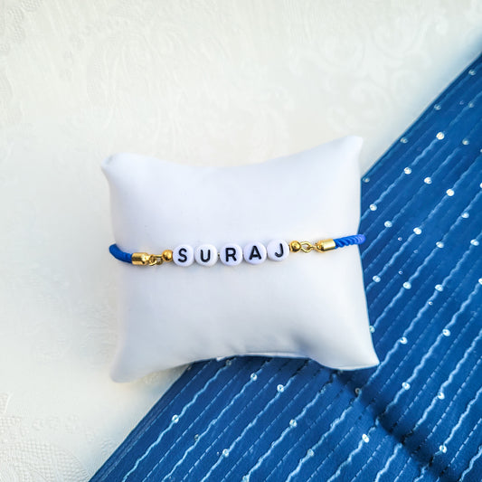 Personalised Name Rakhi Bracelet Adjustable Band - (B&W Beads)