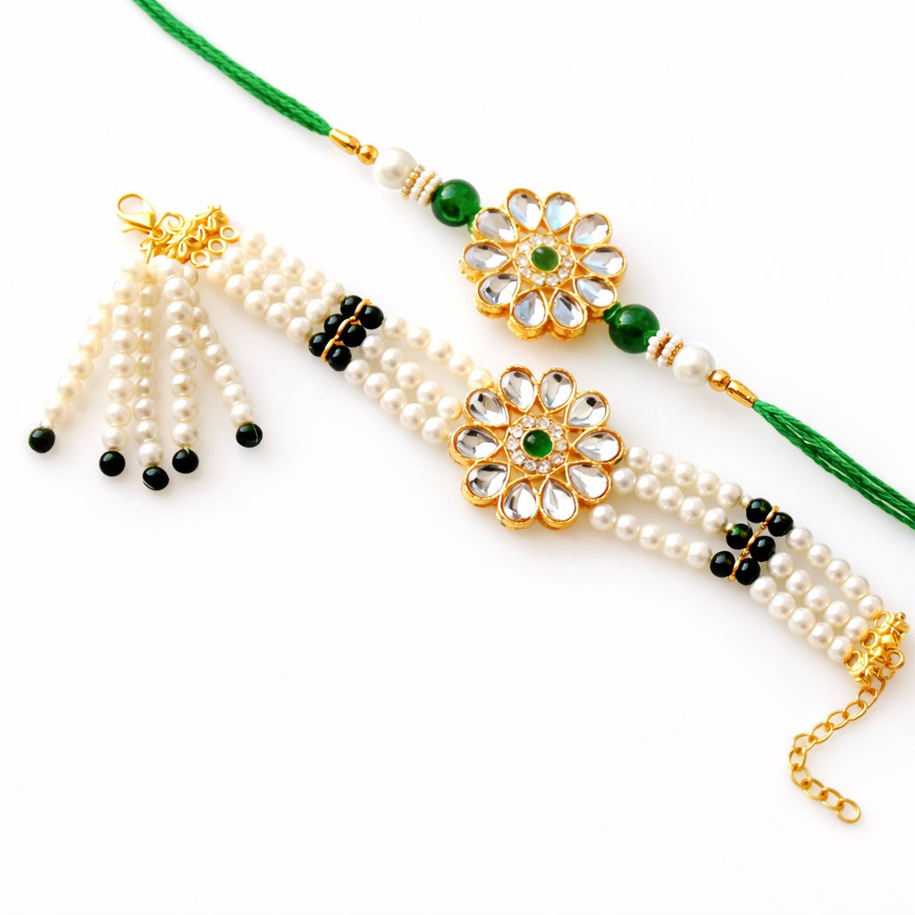 Bhai Bhabhi Elegant Pearl Rakhi Set – Designer Style Raksha Bandhan Rakhi