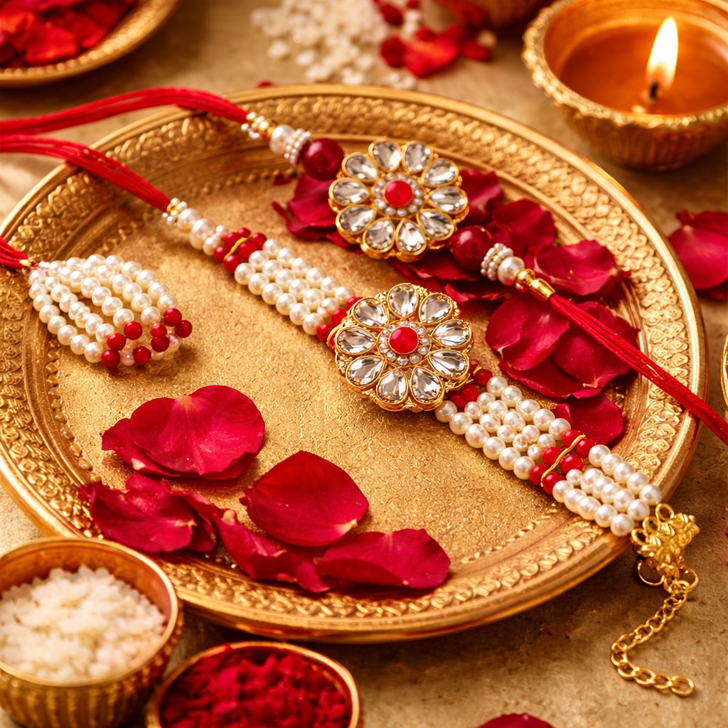Bhai Bhabhi Elegant Pearl Rakhi Set – Designer Style Raksha Bandhan Rakhi