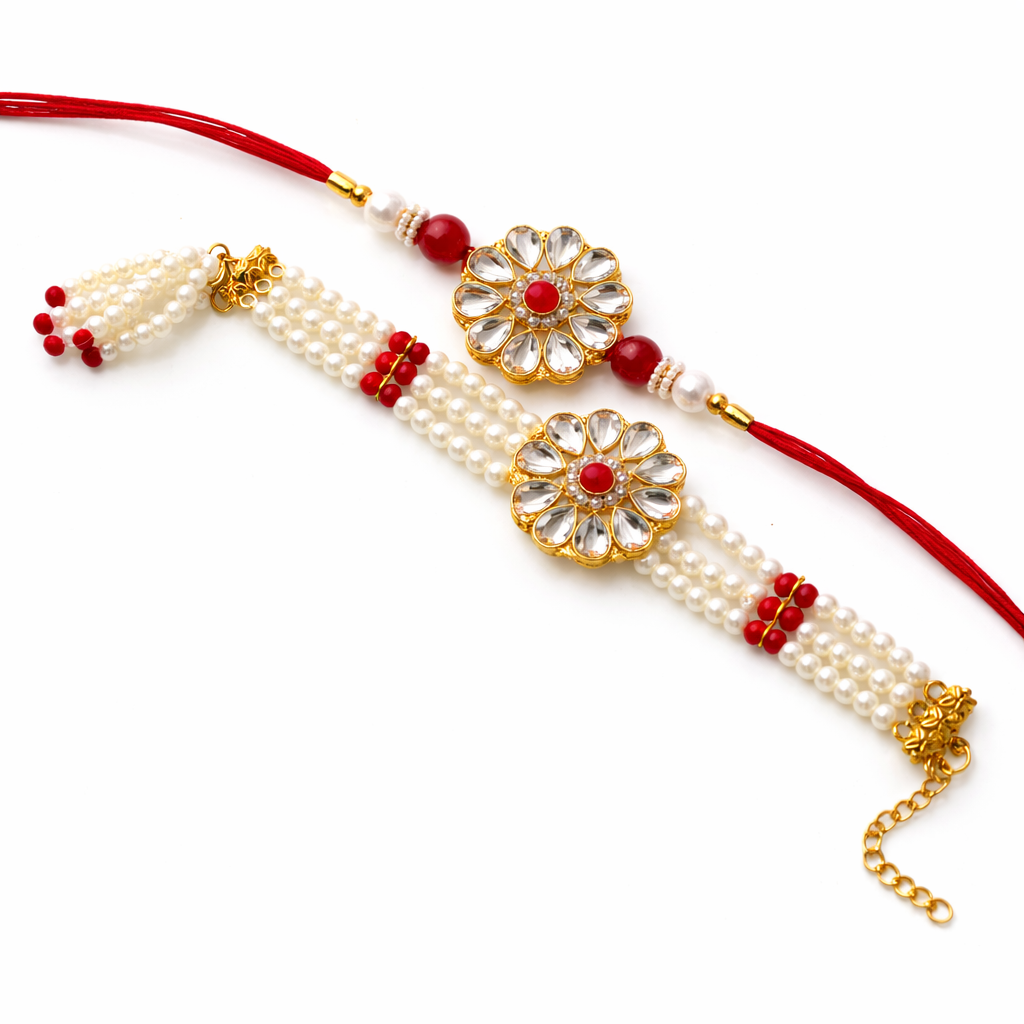 Bhai Bhabhi Elegant Pearl Rakhi Set – Designer Style Raksha Bandhan Rakhi