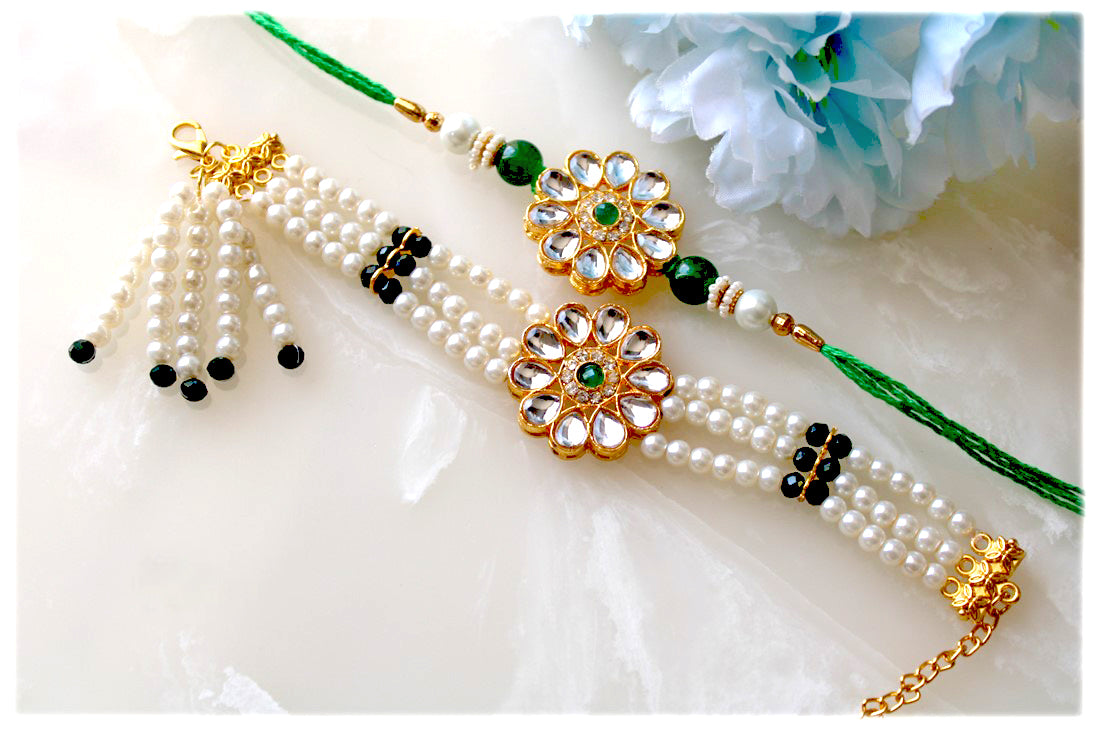 Bhai Bhabhi Elegant Pearl Rakhi Set - Designer Style