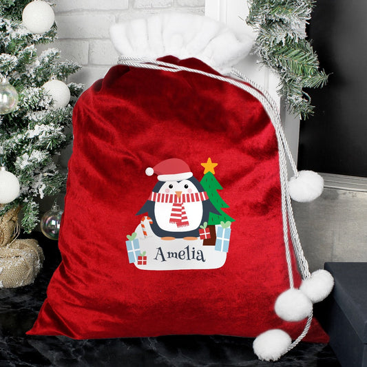 Penguin Personalised Luxury Pom Pom Red Sack