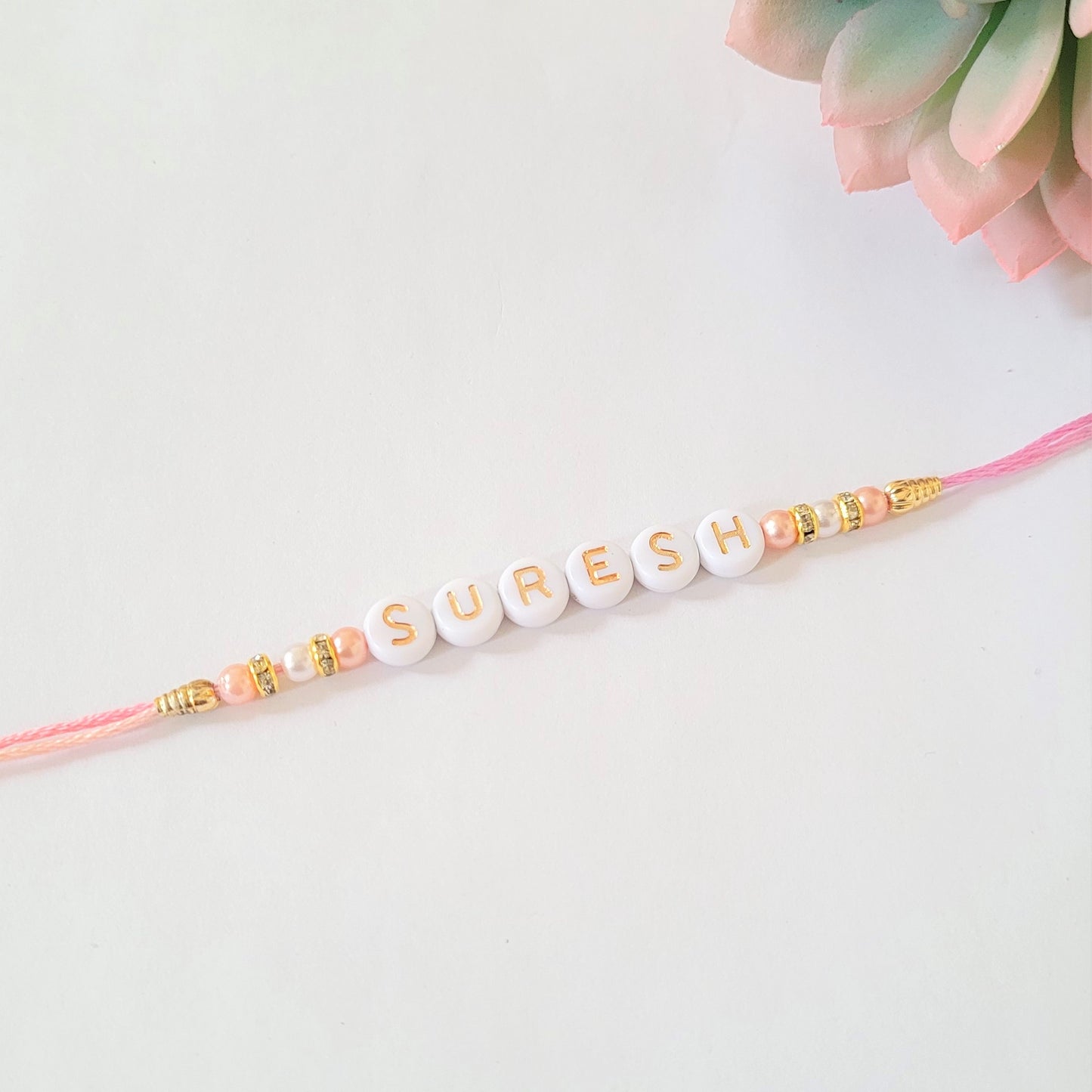 Personalised Rakhi/Rakhri, Raksha Bandhan, Gold and White Letter Beads