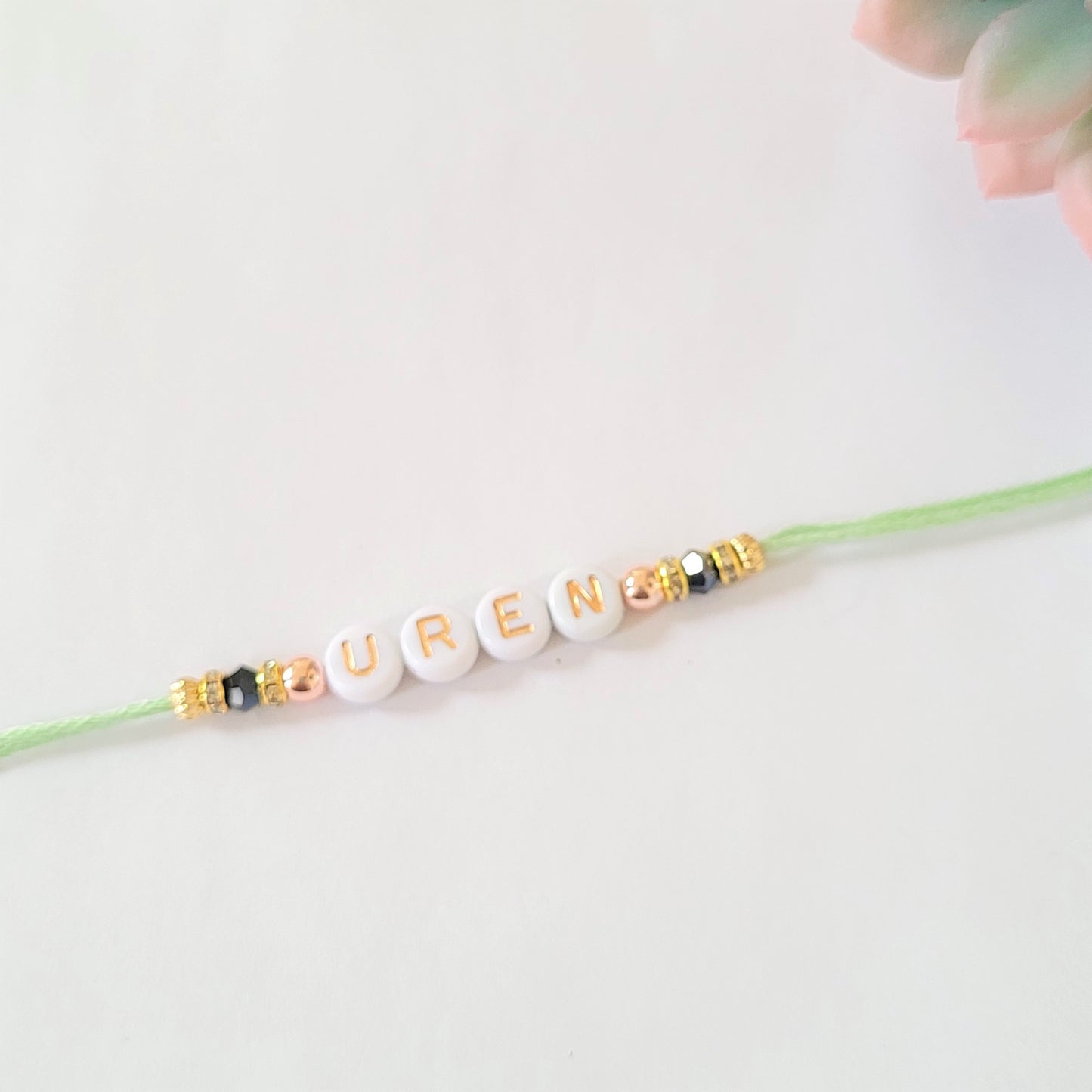 Personalised Rakhi/Rakhri, Raksha Bandhan, Gold and White Letter Beads