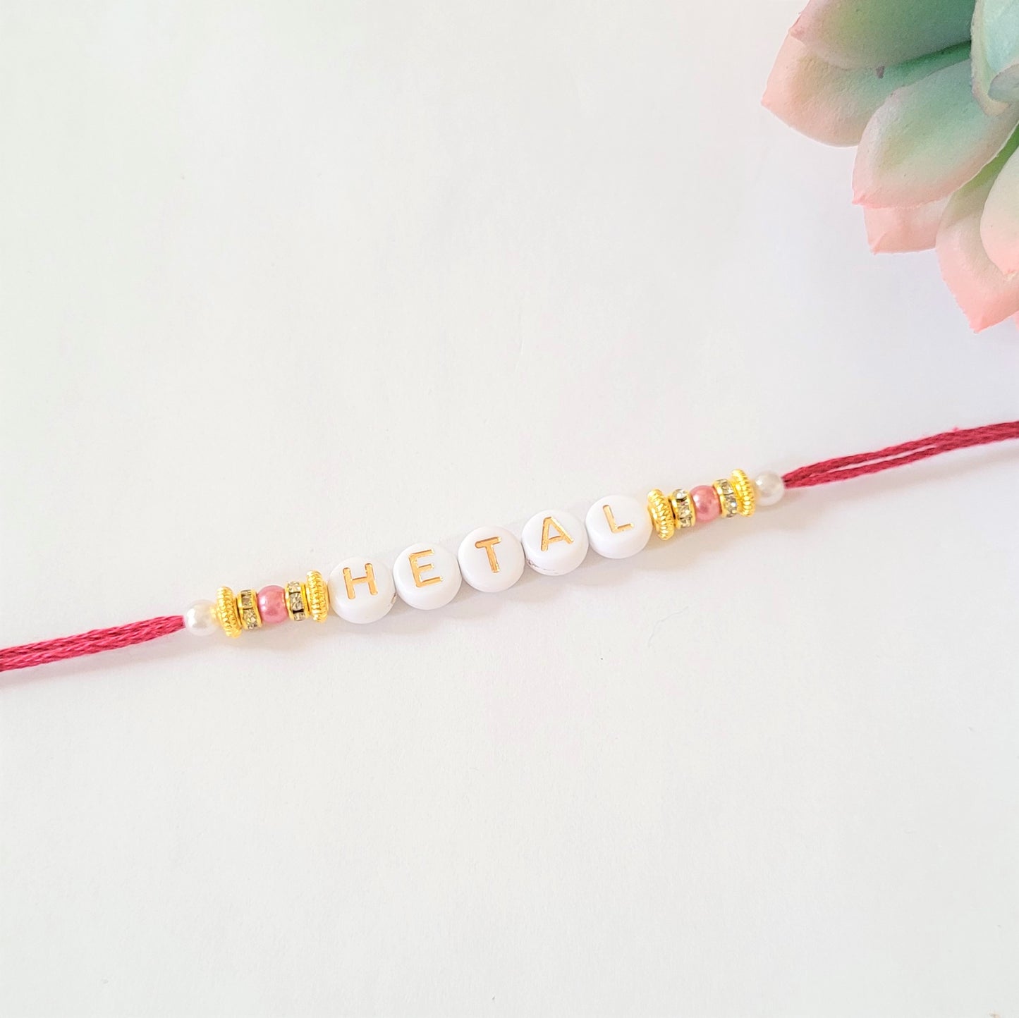 Personalised Rakhi/Rakhri, Raksha Bandhan, Gold and White Letter Beads