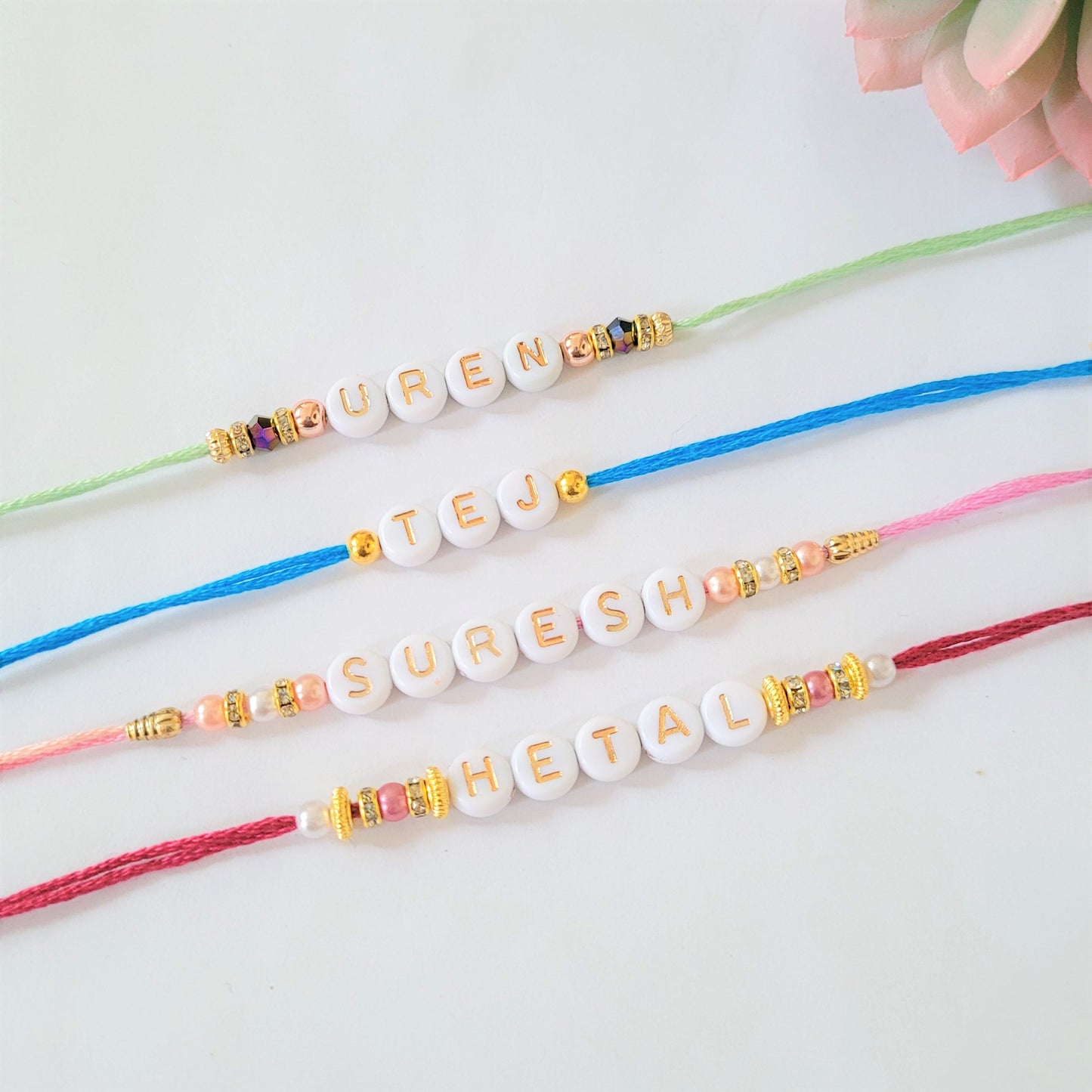 Personalised Rakhi/Rakhri, Raksha Bandhan, Gold and White Letter Beads