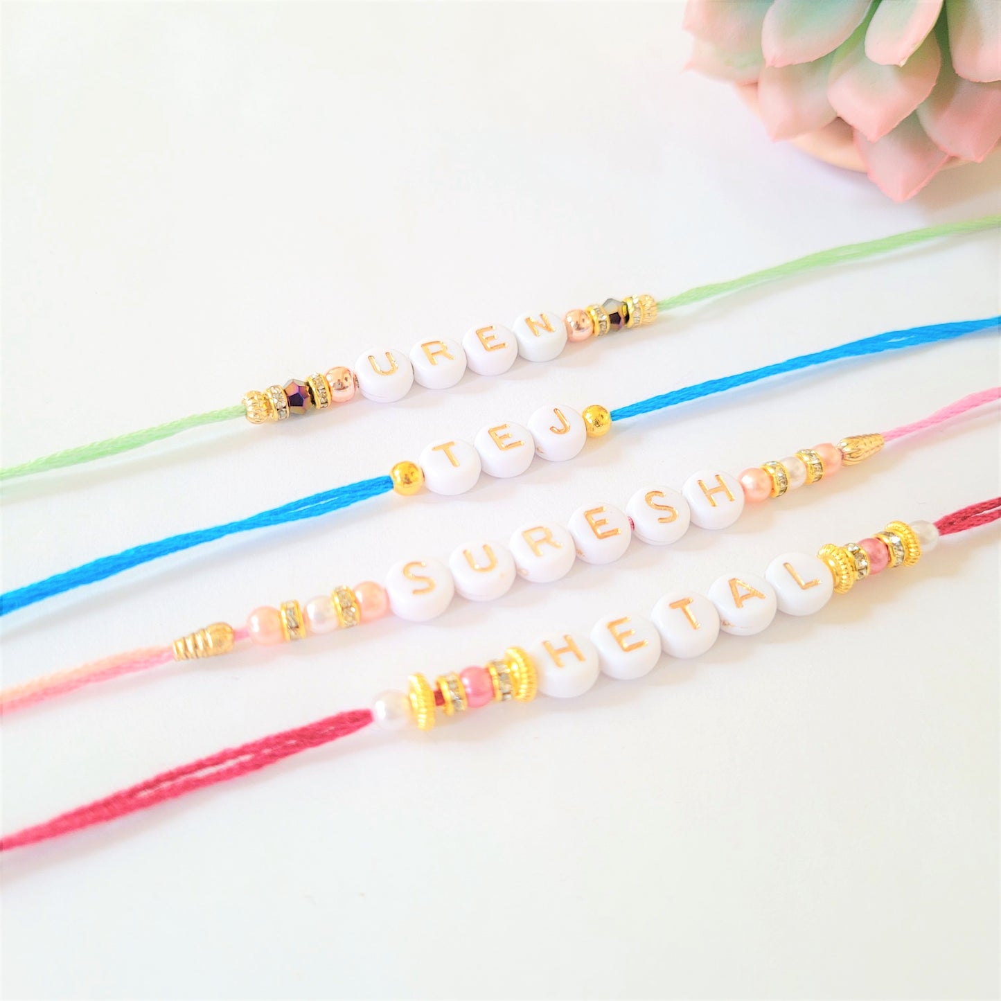 Personalised Rakhi/Rakhri, Raksha Bandhan, Gold and White Letter Beads