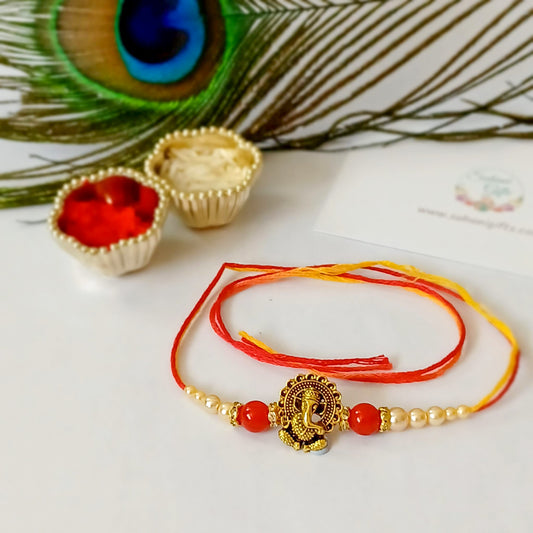 Traditional Rakhi thread pearl white beads Ganeshji pendant