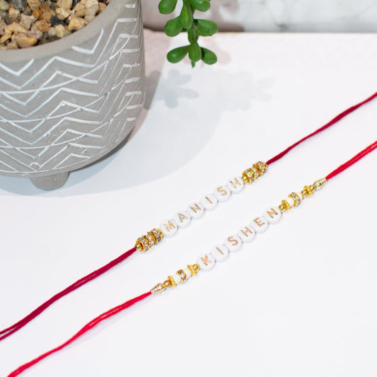 Personalised Rakhi/Rakhri, Raksha Bandhan, Gold and White Letter Beads