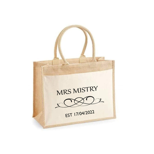 Personalised Mrs Tote Bag, Custom Wifey Jute Bag, Cute Wife Bag, Honeymoon Bride Tote Bag, Bridal Party Gift, Newlywed Bag, Just Married Bag
