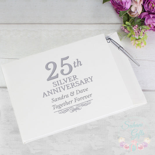 Personalised 25th Silver Anniversary Hardback Guest Book & Pen - Suhani Gifts