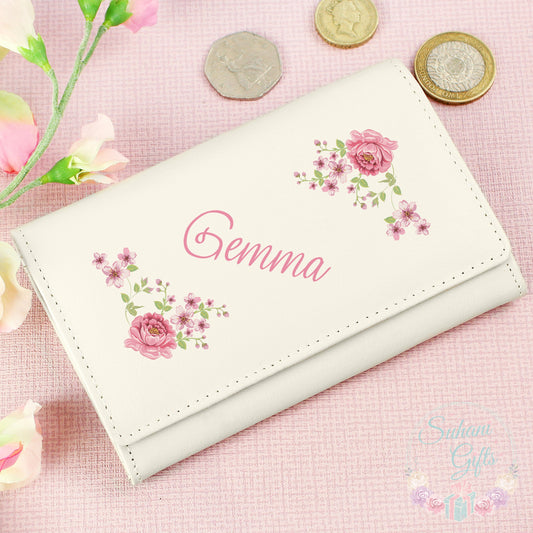 Personalised Floral Cream Leather Purse - Suhani Gifts
