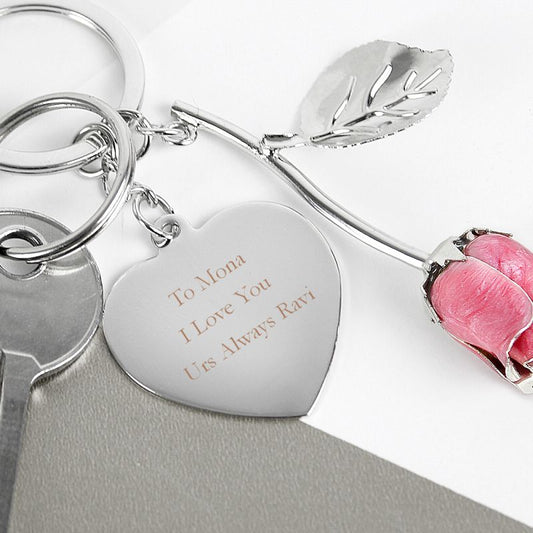 Personalised Silver Plated Pink Rose Keyring